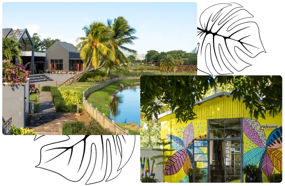 Beau Plan collage: modern buildings and palm trees by a waterway, and a yellow building with a colourful leaf mural and Welcome sign
