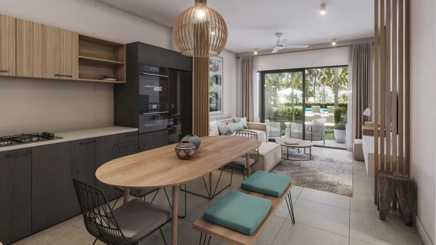 Appartement Indigo, cuisine ouverte sur le séjour